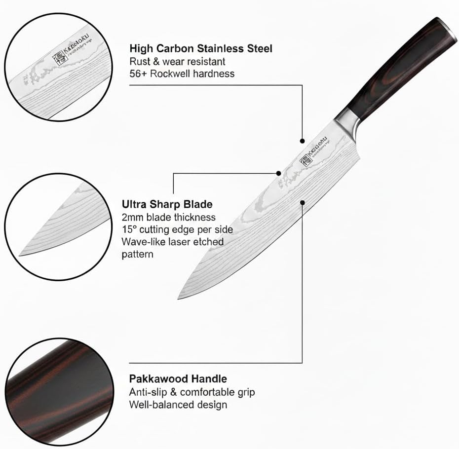 3 Piece Kitchen Knife Set, High Carbon Stainless Steel Professional Chef Knife Set with Ultra Sharp Blade, Sharp Knives Set with Ergonomic Pakkawood Handle