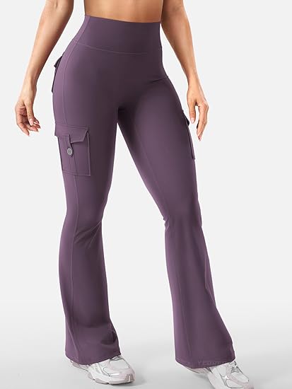 YEOREO CoreFlex Women Workout Flare Leggings with Pockets Hidden Scrunch High Waisted Cargo Gym Yoga No Front Seam Leggings