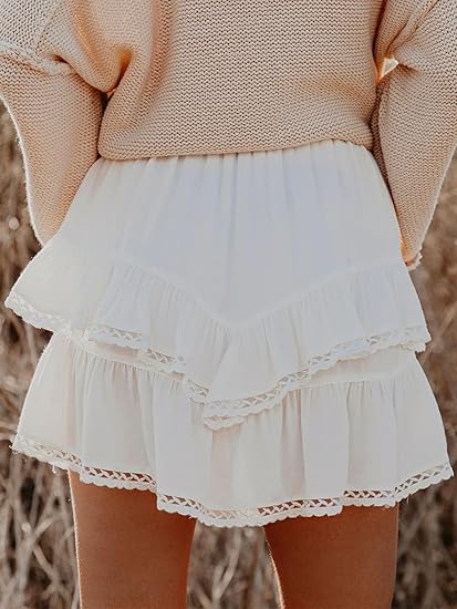Aoudery Flowy Shorts for Women Casual Boho Ruffle Tiered Skorts High Waist Mini Skirts Golf Tennis Crochet Shorts