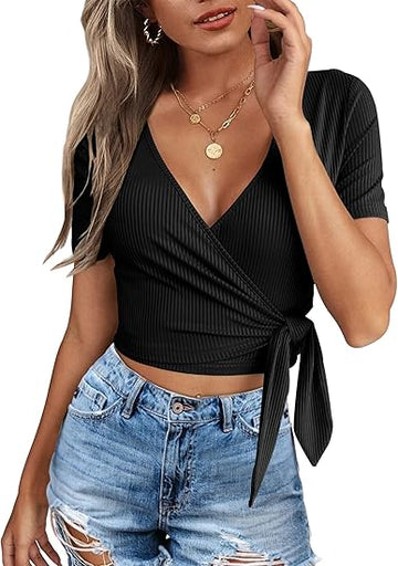 Crop Tops for Women Summer Cute Tops with Deep V Neck Shirts Sexy Unique Cross Wrap Slim Fit Tie Up Front Short Sleeve