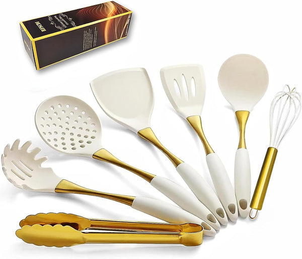 Elegant White Gold Silicone Cooking Utensils Set - Non-Toxic, Dishwasher Safe Kitchen Utensils Set with Heat Resistant Comfort Handles - Includes Spatula & Spoon for Nonstick Cookware