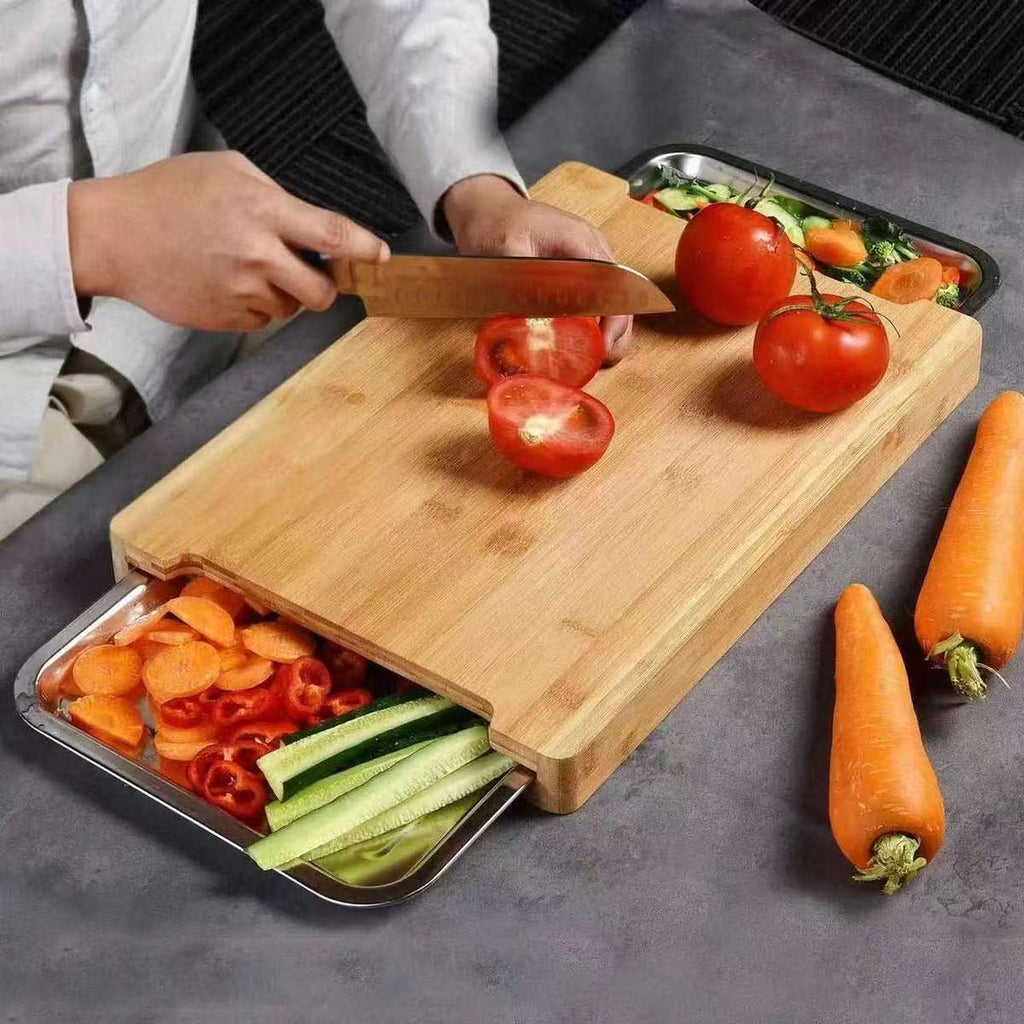 New Bamboo Rectangle Wood Cutting Chopping Board Wood Cutting Board With Two Stainless Steel Drip Drawer Tray