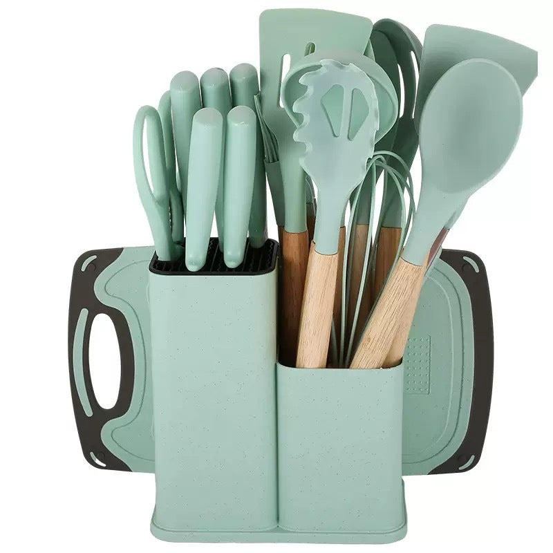 Newest 19 Pcs Silicone Kitchen Utensil Set With Wooden Handle Cooking Tools Cuttings Board Storage Bucket Kitchen Gadget Set