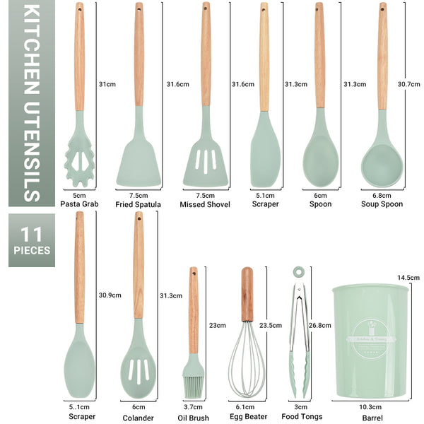12pcs Kitchen Cooking Utensils Set Silicone Nonstick Gadget with Wooden Handle Heat Resistant Utensils Holder