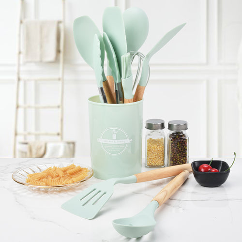 12pcs Kitchen Cooking Utensils Set Silicone Nonstick Gadget with Wooden Handle Heat Resistant Utensils Holder