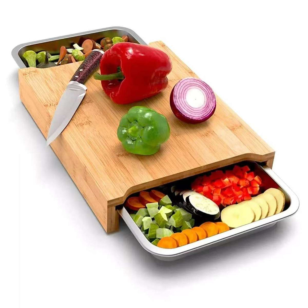 New Bamboo Rectangle Wood Cutting Chopping Board Wood Cutting Board With Two Stainless Steel Drip Drawer Tray