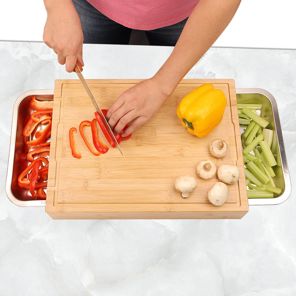New Bamboo Rectangle Wood Cutting Chopping Board Wood Cutting Board With Two Stainless Steel Drip Drawer Tray