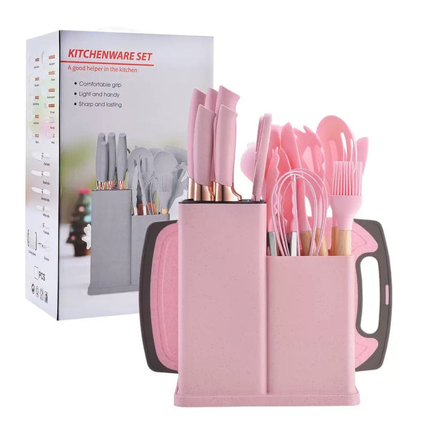 Newest 19 Pcs Silicone Kitchen Utensil Set With Wooden Handle Cooking Tools Cuttings Board Storage Bucket Kitchen Gadget Set