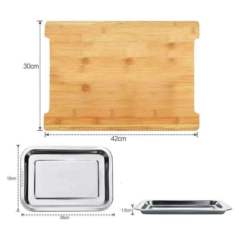New Bamboo Rectangle Wood Cutting Chopping Board Wood Cutting Board With Two Stainless Steel Drip Drawer Tray